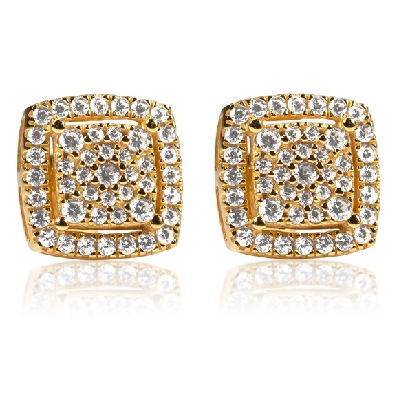 3D Square Yellow Gold Sterling Silver Hip Hop Rave Party Cluster Stud Earrings - Picture 1 of 6